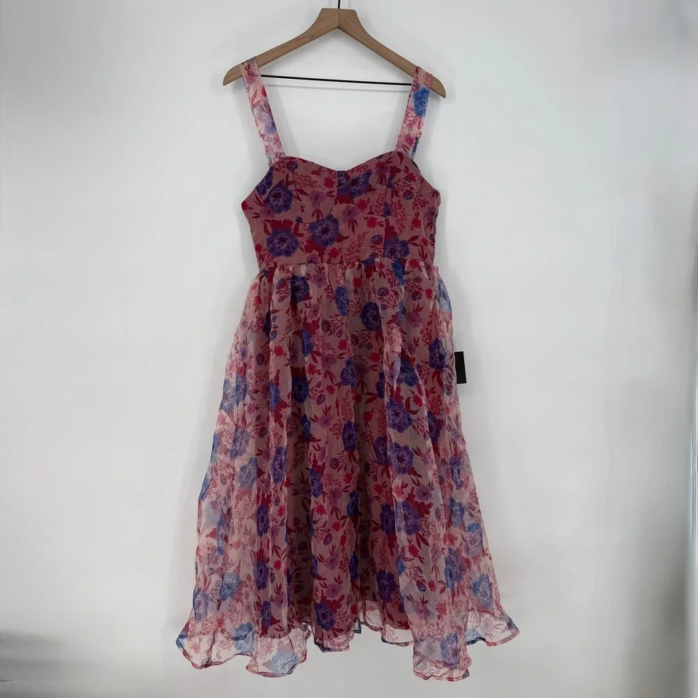 Lulus Delightful Look Magenta Floral Print Bustier‎ Midi Skater Dress Size L - Picture 2 of 14